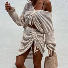 LIZAKOSHT - Sexy Drawstring Beach Knit Outfits 2024 Women Solid Navel Long Sleeve Pullover&Mini Skirt Set Asymmetric Two Piece Dresses Suit