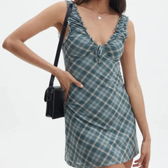 LIZAKOSHT - Sexy Women V Neck Sleeveless Floral Print Mesh Dress Summer Ladies High Waist A-line Mini Dresses Holiday Robe