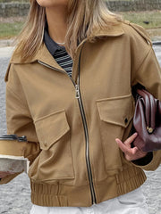 LIZAKOSHT  -  Casual Flip Collar Zipper Pocket Jacket Woman Solid Color Long Sleeves Loose Street Coats Chic Women's Warm Early Autumn Jackets