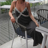 LIZAKOSHT - Retro French Style Black white Polka Dot Print Spliced Lace V Neck Chest Sling Midi Dress Women Backless Dresses Vestidos Femme