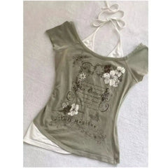 LIZAKOSHT - Retro Millennial Fake Two Letter Printed T-Shirt Women Y2K Streetwear Hot Girls Slim Korean Fashion Street Trend Casual Tops