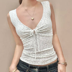 LIZAKOSHT - Fashion Lace-up Tank Top Striped or Polka Dot Print Women Sleeveless Crop Top Streetwear Summer Chic Fitted Vest
