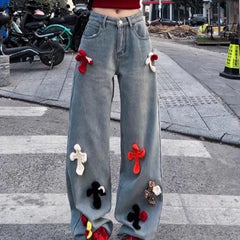 LIZAKOSHT - Y2k Cross Print Straight Jeans Retro High Waist Denim Pant Casual Oversized Baggy Trousers High Street Plush Pants For Women