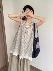 LIZAKOSHT - New Reduced Aging Checkered Fake Two Piece Sleeveless Splicing Summer Lace Sweet Loose Strap Top Tank Top