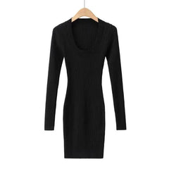 LIZAKOSHT  -  Autumn Winter Sexy U Neck Slimming Knitted Dress Spicy Girl Undercover Short Hip Wrap Skirt