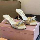 LIZAKOSHT - Water Diamond One Line Sandals for Women's Summer New High Heels Slim Heel Round Head Bow Slippers