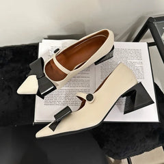 LIZAKOSHT - Bow Pointed Toe Mary Jane Shoes Women Chunky Heel Elegant Office Shoes Women Comfy Pumps Female Fashions Retro High Heels Women