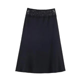 LIZAKOSHT - 3 colors Retro Spliced Lace Low Waist Knitted Midi Long Skirt Spring Summer Women A-lined Skirts Femme Grayblue Black Brown