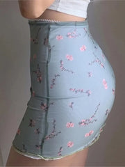 LIZAKOSHT - Print Mesh High Waist Mini Skirt Ladies Kawaii skirt premium pastel Lace-up sweet Y2k Harajuku Kawaii Sexy Pencil Skirt