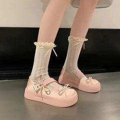 LIZAKOSHT - Kawaii Bow Thick Sole Shoes for Women's New Summer Shallow Mouth Girl Mary Jane Shoes Platform Sports Shoes