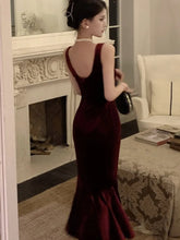 LIZAKOSHT - Sexy French Velvet Mermaid Midi Dress For Women Autumn Strap Backless Bodycon Solid Mujers Elegant Evening Party Prom Robe