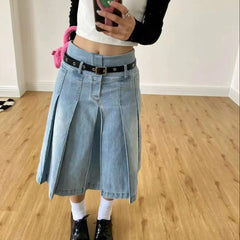 LIZAKOSHT - Denim Pleated Skirt High Waist Y2k Streetwear Women Vintage A-Line Distressed Knee-Lenght Jeans Skirt Japanese Fashion Versatile