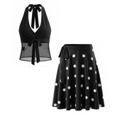 LIZAKOSHT - Halter Neck Camisole Polka Dot Skirt Set Women's Summer Sexy Fashionable Personality Neckband Backless Beach Vacation Black Set