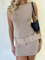 LIZAKOSHT - Solid Color Knitted Women's Dresses with Belt Casual Round Neck Sleeveless Short Dresses Fashion Simple Tight Women Dress