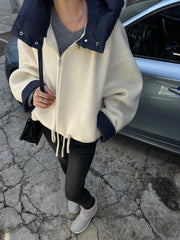 LIZAKOSHT Solid Woolen Hooded Loose Bomber Jacket For Women Fashion Patchwork Contrast Drawstring Thick Coat Female Warm Street Outerwear