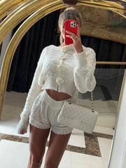 LIZAKOSHT - Fashion 3d Flower Solid Knitted Cardigan Women's Elegant O-neck Short Loose Sweater Autumn Female Commute Chic Outerwears