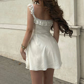 LIZAKOSHT - Women Elegant Lace Ruffles Trim Square Collar Sundress White Sleeveless A-line Short Dress Summer High Street Outfits