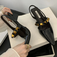 LIZAKOSHT  -  Sexy Rivet Slippers Women Low Heel Slingback Sandals Female Summer Pointed Toe Slide Chunky Designer Mules Pumps Sandalias Women