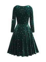 LIZAKOSHT - Womens Fall Winter Dresses Embellished Star Print Wrap Front Elastic Shoulder Velvet Long Sleeve Dress New Green Dresses
