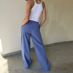 LIZAKOSHT - Women Y2k Striped Print Pants Casual Loose Fit High Waist Drawstring Wide Leg Pop Pants Vintage Streetwear Lounge Pants
