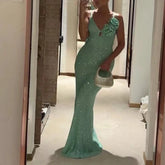 LIZAKOSHT - Women Luxury 2025 Rose Suspender Sequins Gowns Dress 2025 V-Neck Glitter Evening Dress Sexy Slim Green Party Robes Vestidos