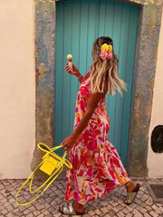 LIZAKOSHT - Holiday Vintage Beach Dress Fashion Women Printed Tie-Up Waist Slim Dress Women Backless Long Dress Vestidos Summer New