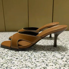 LIZAKOSHT - Retro Sewing Brown Women Mules Shoes Summer Casual Lightweight Open Toe Brand Stilettos Elegant Comfort Lady High Heels Sandals