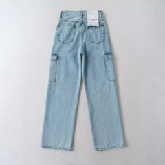 LIZAKOSHT - Retro Washed Workwear High Wasit Straight Casual Jeans Women Boyfriend Mom Pockets Cargo Denim Pants Jeans