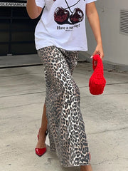 LIZAKOSHT - 100% Cotton Fashion Split Skirt Women's Leopard Print Slim Fit Long Skirt Summer Office Lady Loose Straight Skirt