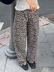 LIZAKOSHT - Leopard Print Patchwork Straight Pants Elastic Waist Fashion Harajuku Trousers Aesthetic 2000s Casual Baggy Bottom