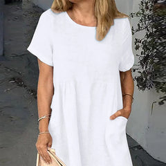 LIZAKOSHT - Plus Size Women Cotton Linen Short Sleeve Midi Spring Shirt Dress Casual Loose Summer Holiday Regular Sundress For Free Shipping