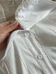 LIZAKOSHT - Lace Trim White Striped T-shirt Blouse Woman Summer Back Lace-up Short Puff Sleeve Shirt Vintage Sweet Slim Solid Crop Tops Y2k