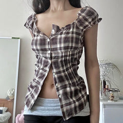 LIZAKOSHT - Women Plaid Folds Square Collar Y2K T-shirt Sweet Style Flying Sleeve Buttons Fitted Crop Top Cute Fashion Streetwear