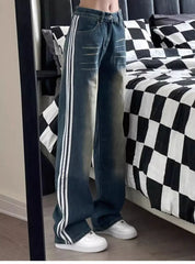 LIZAKOSHT - Jeans Side Stripe High Waist Streetwear Retro Washed 2024 Summer New American Women Leisure Loose Leg Straight Leg Pants