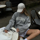 LIZAKOSHT - Fashion Letter Printing Knit Sweater For Women Casual O-neck Distressed Hem Oversized Pullover Lady Autumn Streetwear Tops