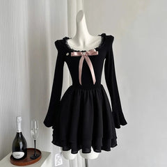 LIZAKOSHT - Fashion Sweet Women Mini Dress Autumn Bow Lace Patchwork Slim Fit Long Sleeve Knitted Dress Gentle Elegant Chic Female Vestidos