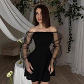 LIZAKOSHT - Women Black Gauze Bubble Sleeve Dress Chic Long Sleeves Strapless Off Shoulder A-line Mini Dresses Lady Evening Party Robe