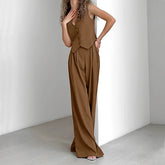 LIZAKOSHT - Office Lady Summer Striped Solid V Neck Buttons Sleeveless T-shirt and High Waist Wide Leg Pants Two Piece Sets For Women