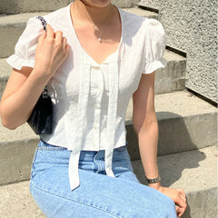 LIZAKOSHT  -  Women Shirts Casual Slim V-Neck Puff Sleeve Lace-up Solid Cardigan Fashion Sweet Style Chic High Waist Short Blouses Streetwear