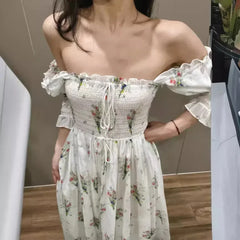 LIZAKOSHT  -  Spring and Summer Pleated Square Neck Puff Sleeve Floral Print Long Dress for Women