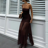 LIZAKOSHT - Women Sexy Strapless Mesh Patchwork Irregular Hem Party Long Dress Pleated Tight Backless Club Sleeveless Summer Vestidos