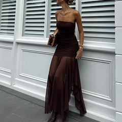 LIZAKOSHT - Women Sexy Strapless Mesh Patchwork Irregular Hem Party Long Dress Pleated Tight Backless Club Sleeveless Summer Vestidos