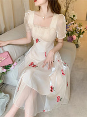 LIZAKOSHT - Vintage Square Collar Embroidered Fairy Dress Chiffon Dress formal dress women elegant robe longue mousseline de soie floral