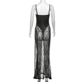 LIZAKOSHT - Women Sexy Lace Maxi Dress See Through Spaghetti Straps Bodysuit Lining Strapless Backless Bodycon Birthday Club Party Long Robe
