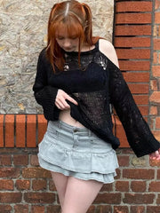 LIZAKOSHT - Vintage Women Hem Cascade Ruffles Skirts Y2K Cool Girl Gray Denim Ultra Low Waist Mini Skirts