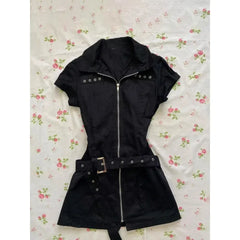 LIZAKOSHT  -  Y2k Punk Rock Mini Dresses Harajuku Women Korean Vintage Zip-up Shirtdress 2000s Gothic Fashion Sweet Cool Sexy Black Dress