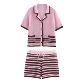 LIZAKOSHT  -  New Fashion Retro Shorts Suit Summer Women V Neck Knitted T-shirt Tops Casual Button Shorts Holiday 2 Piece Sets Womens Outfits