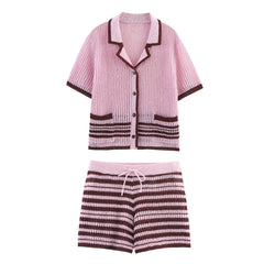 LIZAKOSHT  -  New Fashion Retro Shorts Suit Summer Women V Neck Knitted T-shirt Tops Casual Button Shorts Holiday 2 Piece Sets Womens Outfits