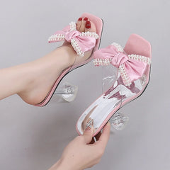 LIZAKOSHT  -  Fashion Pearl Bow Designer Women Slipper 2025 New Transparent PVC High Heeled Women Sandals Sexy Non Slip Mule Shoes Women Pumps