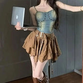 LIZAKOSHT  -  Suit Embroidered Flares Denim Halter Top+Elastic Waist A-Line Skirt With Belt Vintage Beach Resort Style Fashion 2 Piece Set